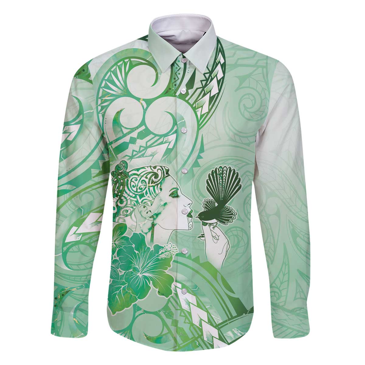 Aotearoa Maori Wahine Family Matching Off The Shoulder Long Sleeve Dress and Hawaiian Shirt Fantail Bird Green Gold Marble LT05 Dad's Shirt - Long Sleeve Green - Polynesian Pride