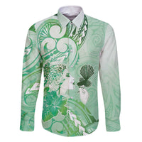Aotearoa Maori Wahine Family Matching Off The Shoulder Long Sleeve Dress and Hawaiian Shirt Fantail Bird Green Gold Marble LT05 Dad's Shirt - Long Sleeve Green - Polynesian Pride