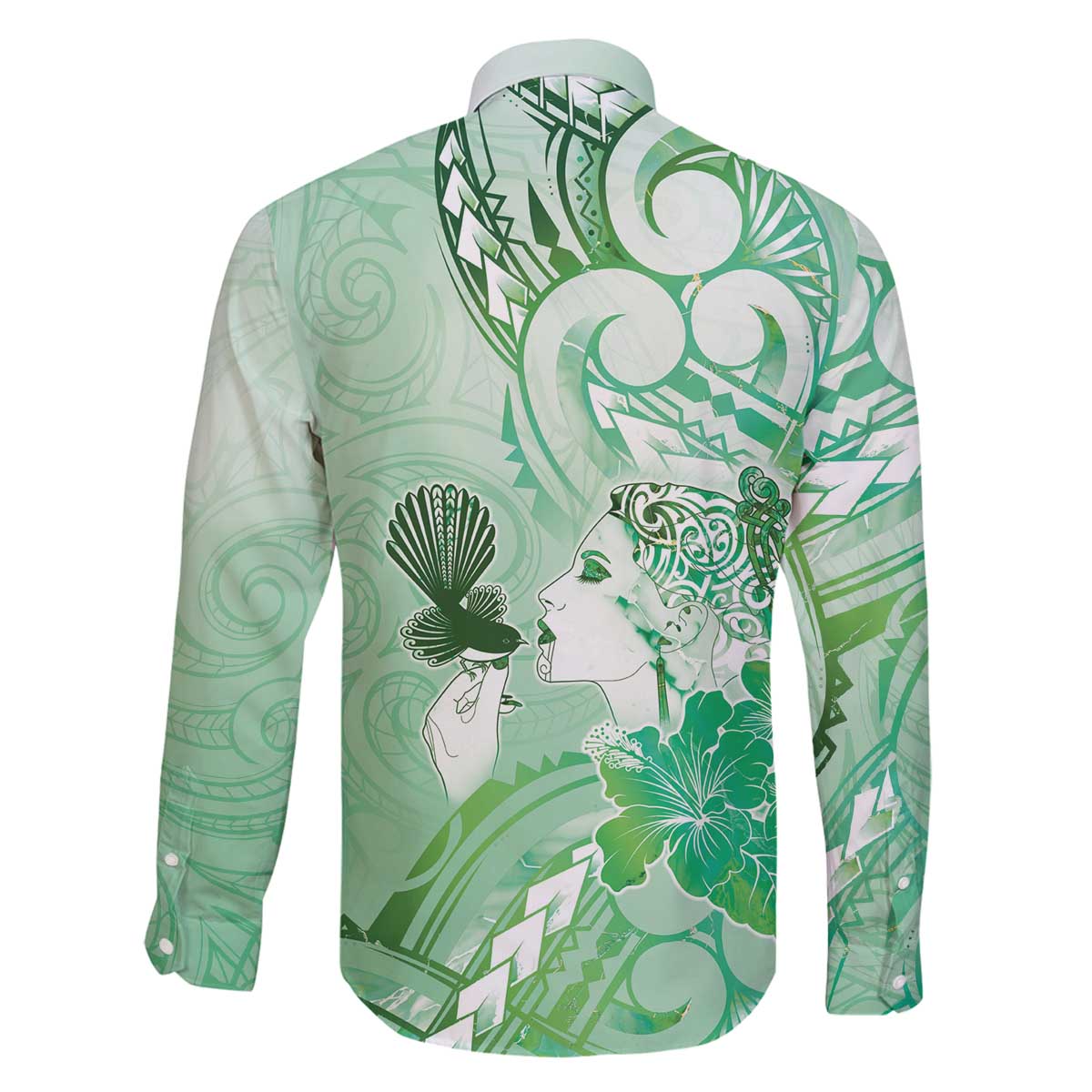 Aotearoa Maori Wahine Family Matching Off The Shoulder Long Sleeve Dress and Hawaiian Shirt Fantail Bird Green Gold Marble LT05 - Polynesian Pride