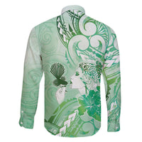 Aotearoa Maori Wahine Family Matching Off The Shoulder Long Sleeve Dress and Hawaiian Shirt Fantail Bird Green Gold Marble LT05 - Polynesian Pride