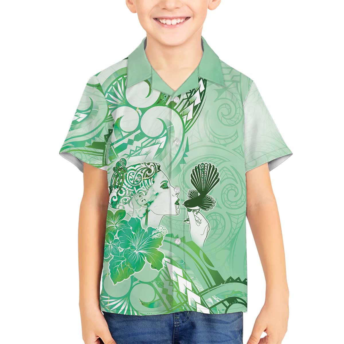 Aotearoa Maori Wahine Family Matching Off The Shoulder Long Sleeve Dress and Hawaiian Shirt Fantail Bird Green Gold Marble LT05 Son's Shirt Green - Polynesian Pride