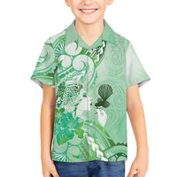 Aotearoa Maori Wahine Family Matching Off The Shoulder Long Sleeve Dress and Hawaiian Shirt Fantail Bird Green Gold Marble LT05 Son's Shirt Green - Polynesian Pride