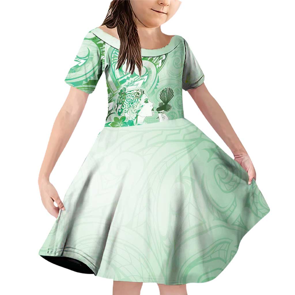 Aotearoa Maori Wahine Family Matching Off Shoulder Short Dress and Hawaiian Shirt Fantail Bird Green Gold Marble