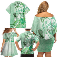 Aotearoa Maori Wahine Family Matching Off Shoulder Short Dress and Hawaiian Shirt Fantail Bird Green Gold Marble