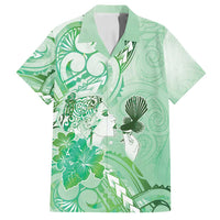 Aotearoa Maori Wahine Family Matching Off Shoulder Short Dress and Hawaiian Shirt Fantail Bird Green Gold Marble