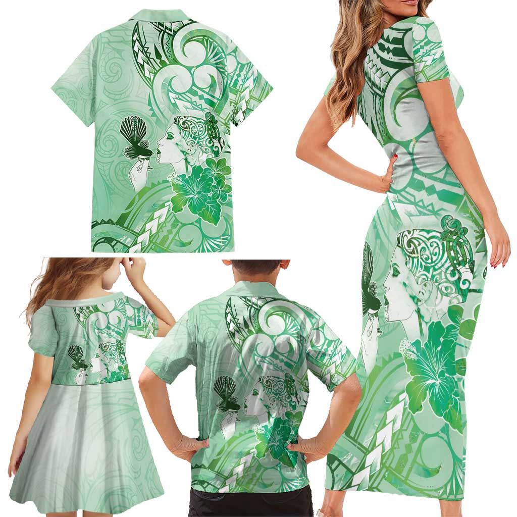 Aotearoa Maori Wahine Family Matching Short Sleeve Bodycon Dress and Hawaiian Shirt Fantail Bird Green Gold Marble LT05 - Polynesian Pride