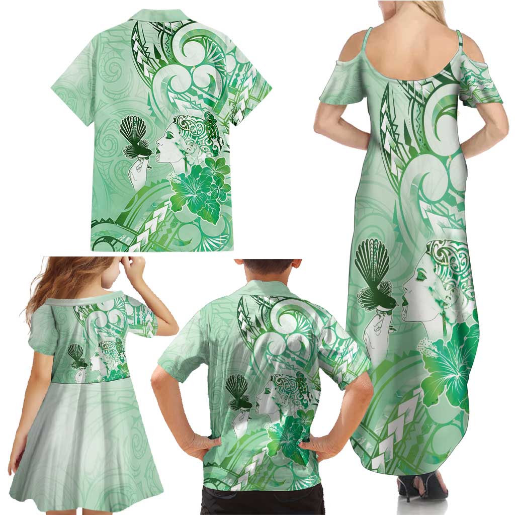 Aotearoa Maori Wahine Family Matching Summer Maxi Dress and Hawaiian Shirt Fantail Bird Green Gold Marble