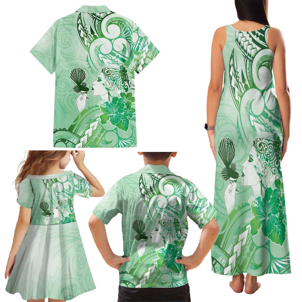 Aotearoa Maori Wahine Family Matching Tank Maxi Dress and Hawaiian Shirt Fantail Bird Green Gold Marble