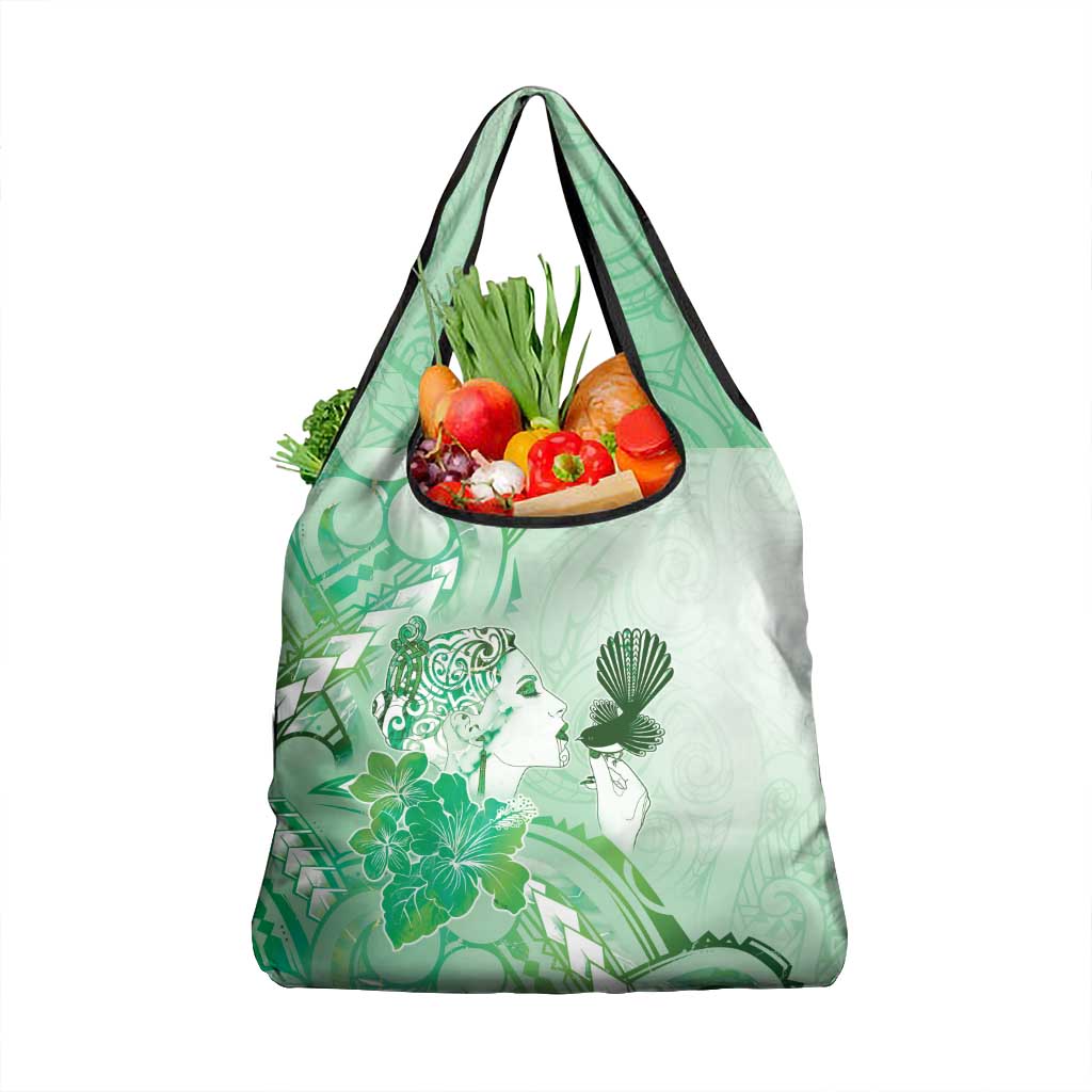 Aotearoa Maori Wahine Grocery Bag Fantail Bird Green Gold Marble