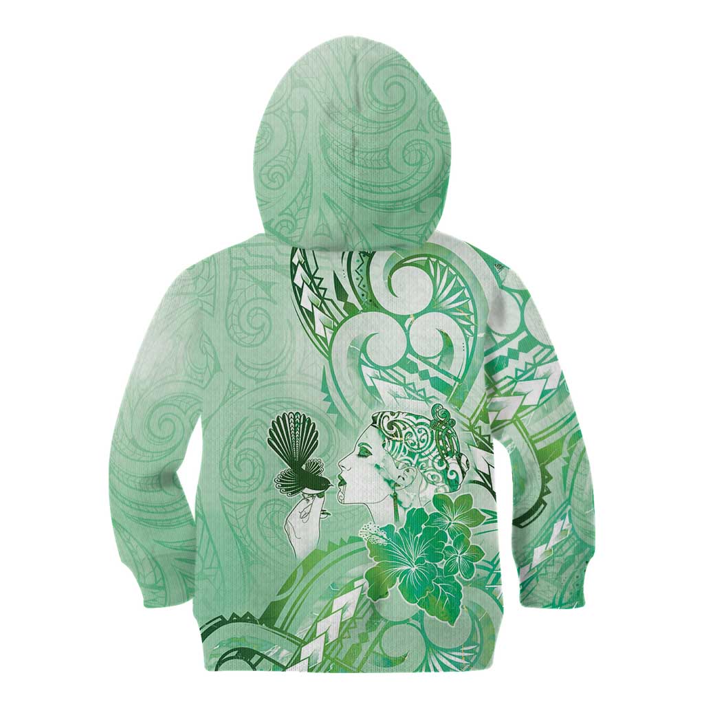 Aotearoa Maori Wahine Kid Hoodie Fantail Bird Green Gold Marble