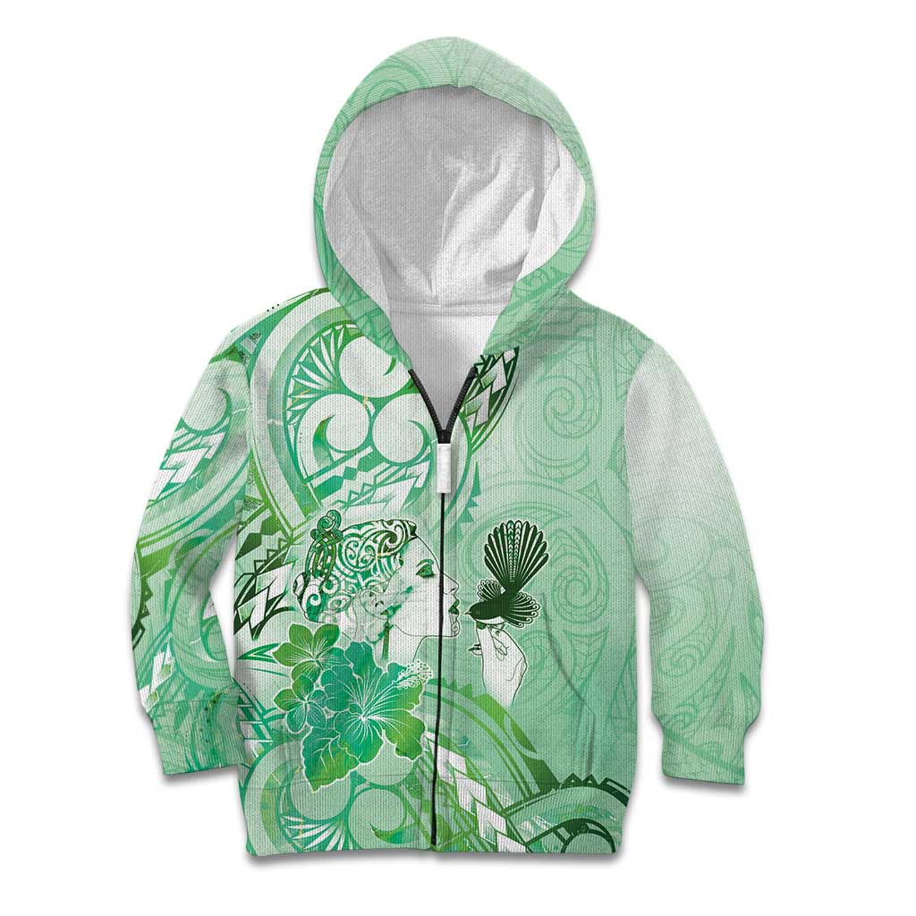Aotearoa Maori Wahine Kid Hoodie Fantail Bird Green Gold Marble