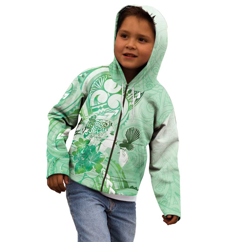 Aotearoa Maori Wahine Kid Hoodie Fantail Bird Green Gold Marble