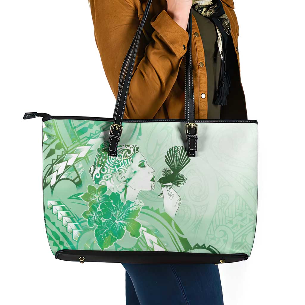 Aotearoa Maori Wahine Leather Tote Bag Fantail Bird Green Gold Marble