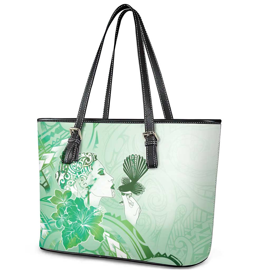 Aotearoa Maori Wahine Leather Tote Bag Fantail Bird Green Gold Marble