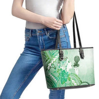 Aotearoa Maori Wahine Leather Tote Bag Fantail Bird Green Gold Marble