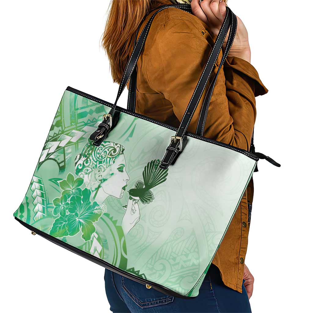 Aotearoa Maori Wahine Leather Tote Bag Fantail Bird Green Gold Marble
