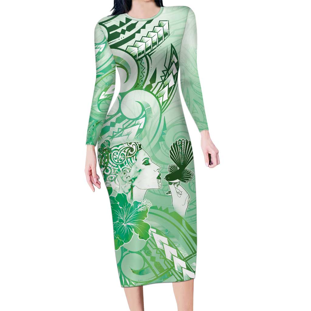 Aotearoa Maori Wahine Long Sleeve Bodycon Dress Fantail Bird Green Gold Marble LT05 Long Dress Green - Polynesian Pride