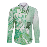 Aotearoa Maori Wahine Long Sleeve Button Shirt Fantail Bird Green Gold Marble