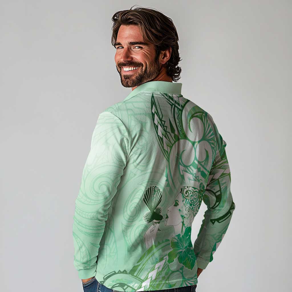 Aotearoa Maori Wahine Long Sleeve Polo Shirt Fantail Bird Green Gold Marble