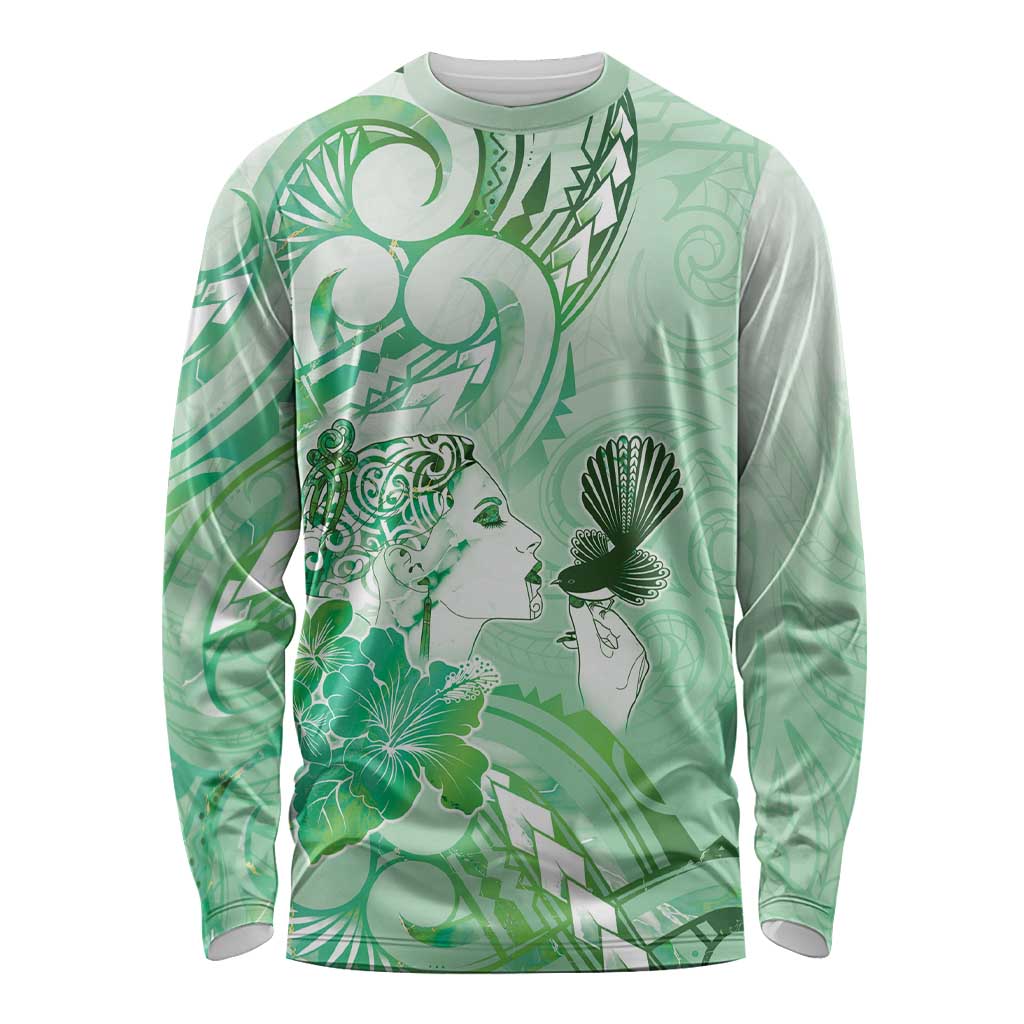 Aotearoa Maori Wahine Long Sleeve Shirt Fantail Bird Green Gold Marble
