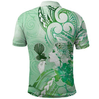 Aotearoa Maori Wahine Polo Shirt Fantail Bird Green Gold Marble