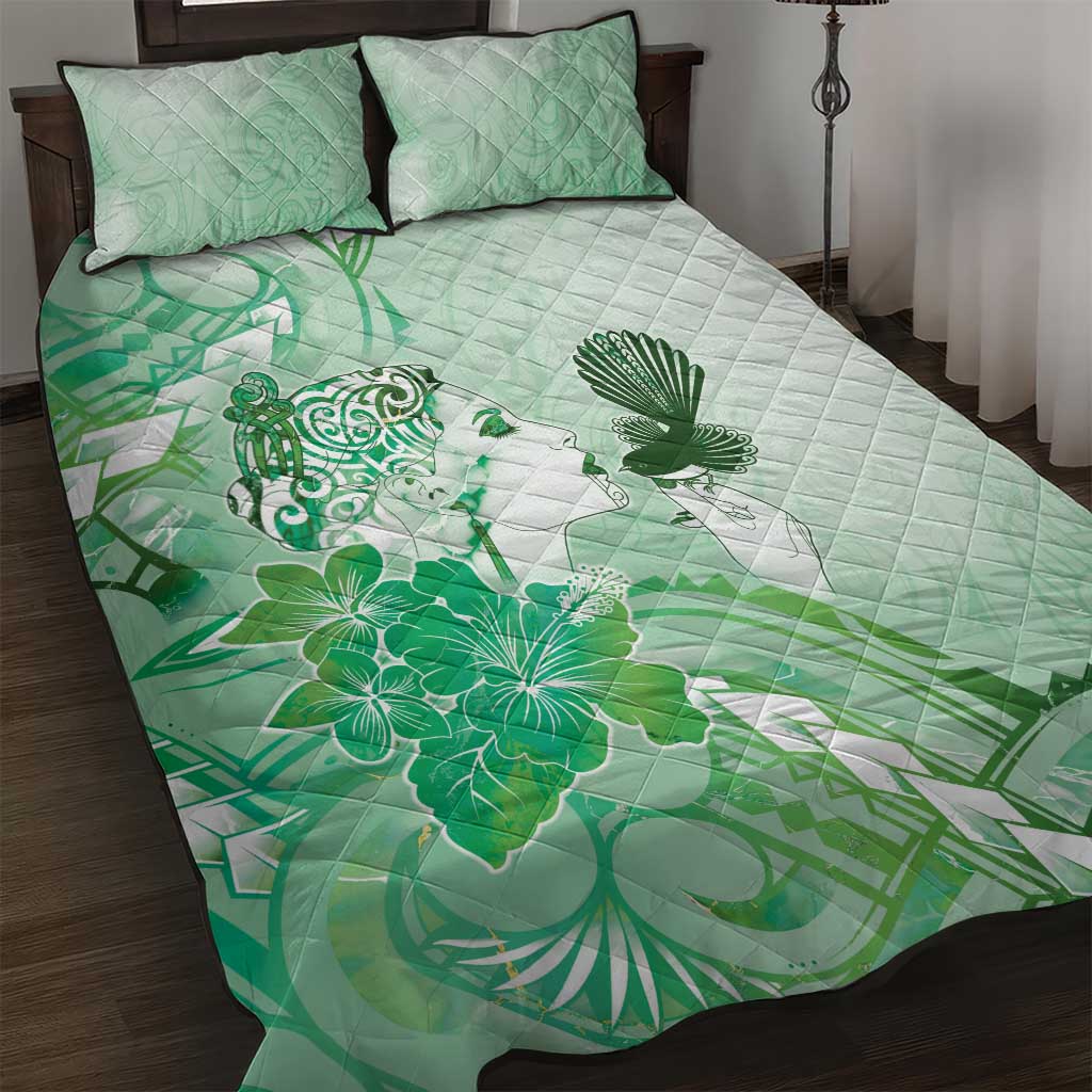Aotearoa Maori Wahine Quilt Bed Set Fantail Bird Green Gold Marble