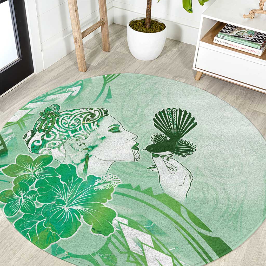 Aotearoa Maori Wahine Round Carpet Fantail Bird Green Gold Marble