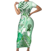 Aotearoa Maori Wahine Short Sleeve Bodycon Dress Fantail Bird Green Gold Marble LT05 Long Dress Green - Polynesian Pride
