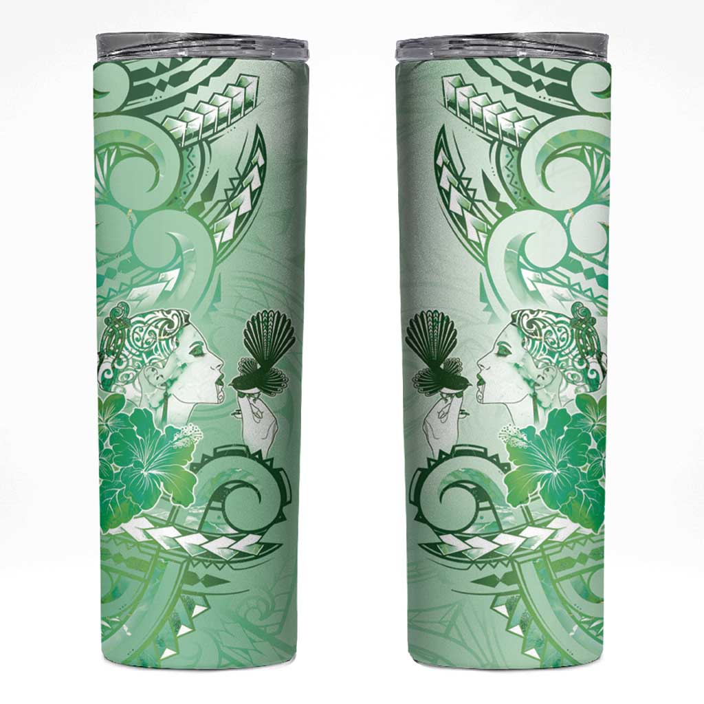 Aotearoa Maori Wahine Skinny Tumbler Fantail Bird Green Gold Marble LT05 Green - Polynesian Pride