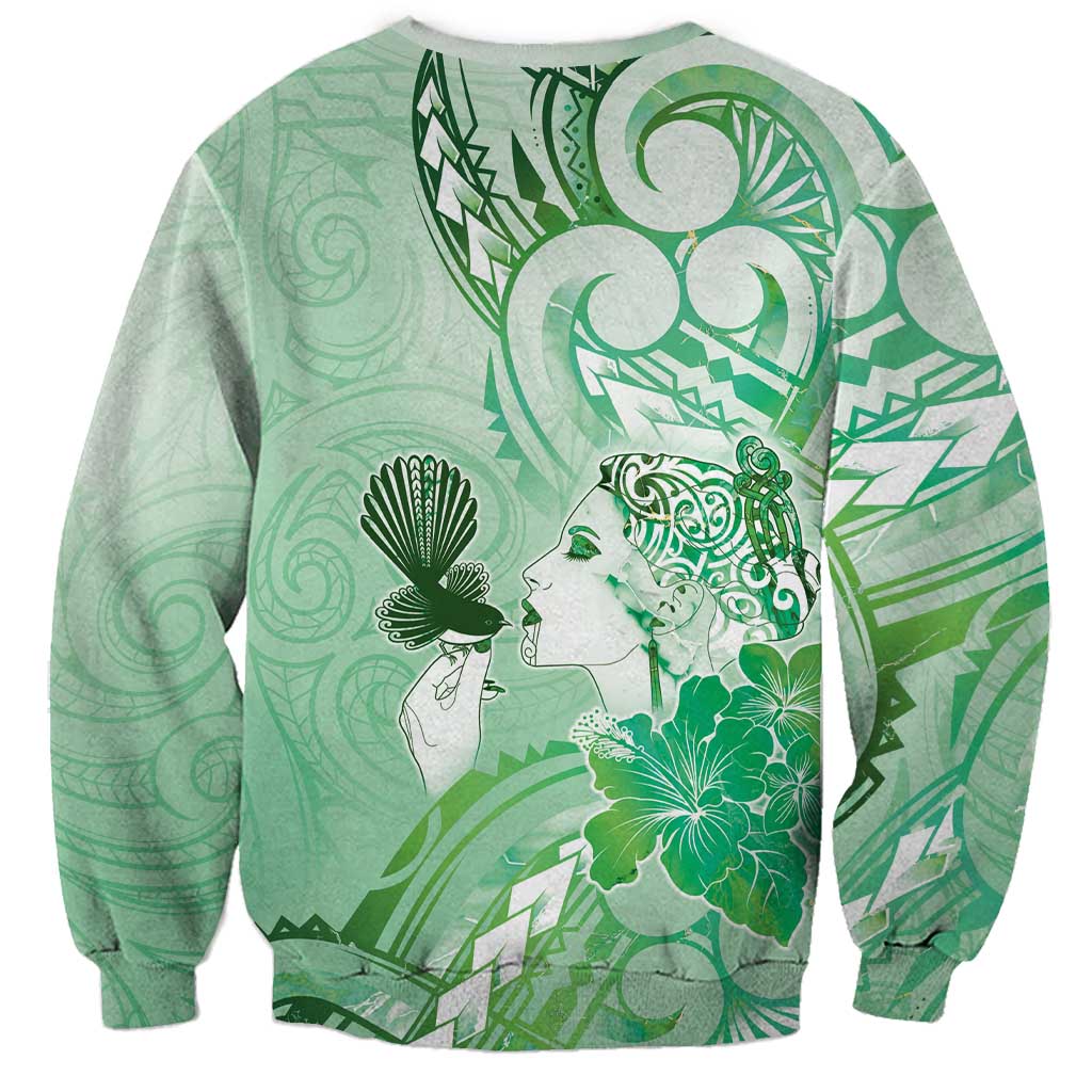 Aotearoa Maori Wahine Sweatshirt Fantail Bird Green Gold Marble