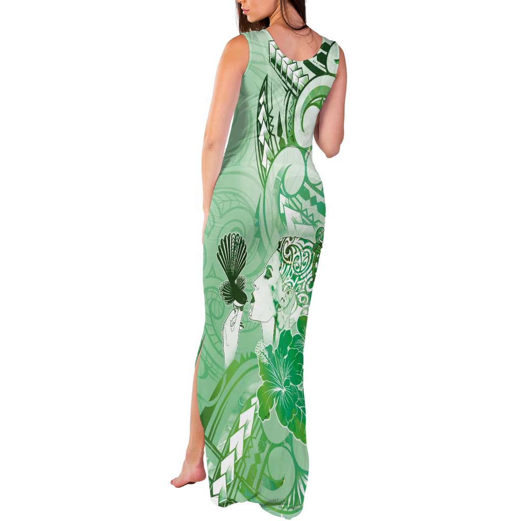Aotearoa Maori Wahine Tank Maxi Dress Fantail Bird Green Gold Marble