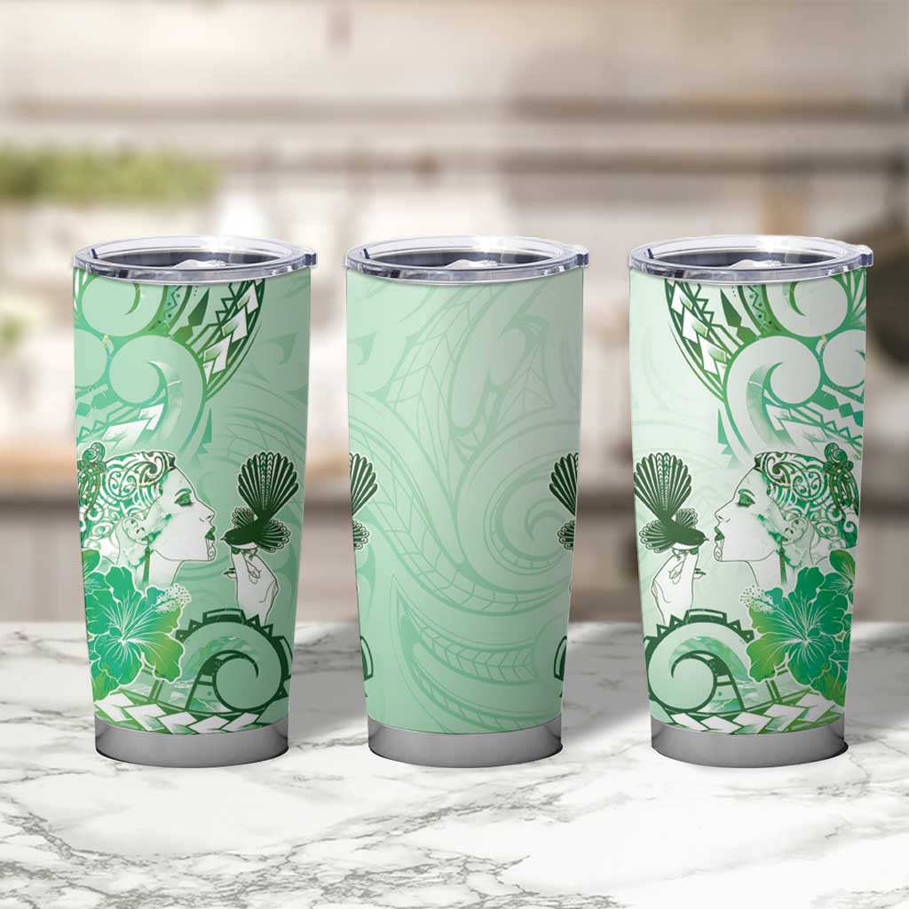 Aotearoa Maori Wahine Tumbler Cup Fantail Bird Green Gold Marble