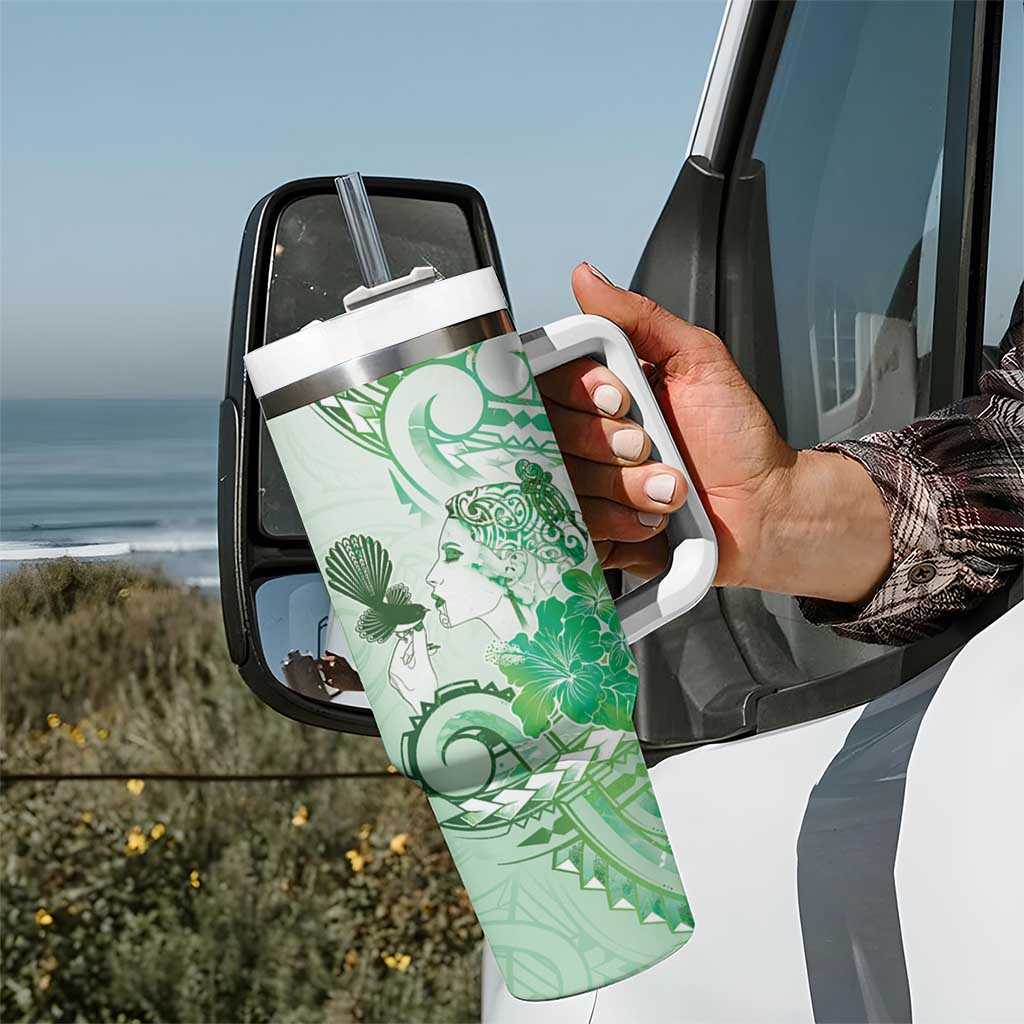 Aotearoa Maori Wahine Tumbler With Handle Fantail Bird Green Gold Marble