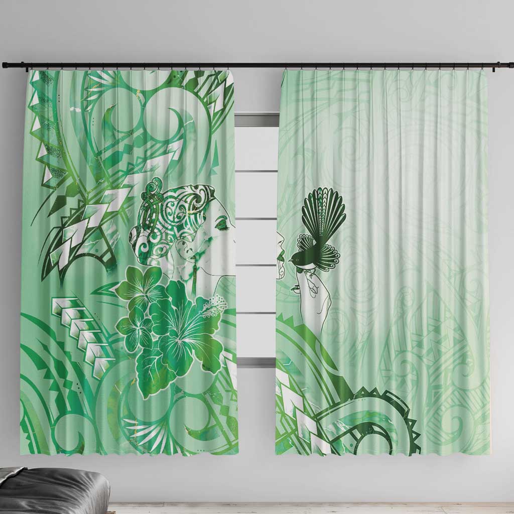 Aotearoa Maori Wahine Window Curtain Fantail Bird Green Gold Marble