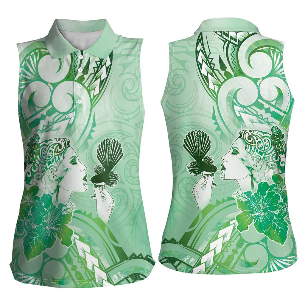 Aotearoa Maori Wahine Women Sleeveless Polo Shirt Fantail Bird Green Gold Marble