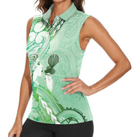 Aotearoa Maori Wahine Women Sleeveless Polo Shirt Fantail Bird Green Gold Marble