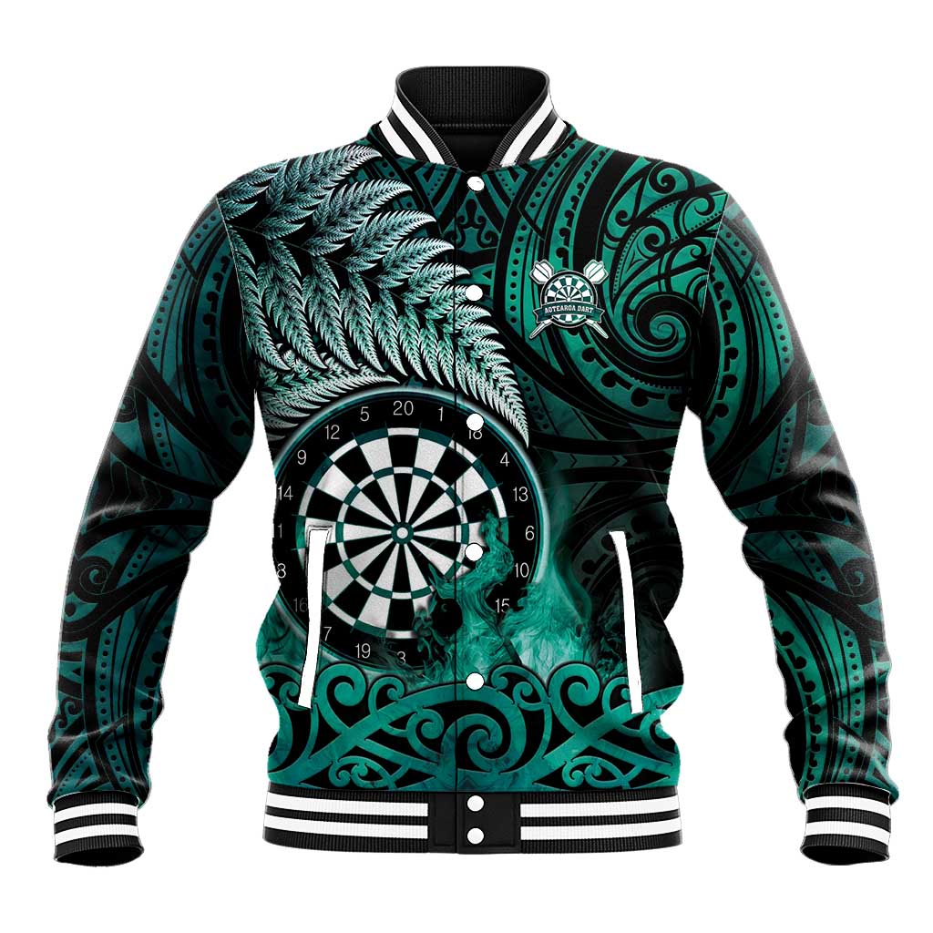 Personalised New Zealand Darts Baseball Jacket Maori Koru Dartboard Turquoise Flame