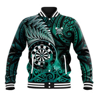 Personalised New Zealand Darts Baseball Jacket Maori Koru Dartboard Turquoise Flame
