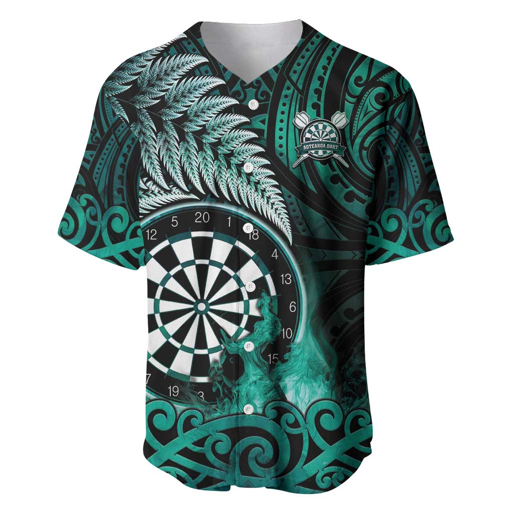 Personalised New Zealand Darts Baseball Jersey Maori Koru Dartboard Turquoise Flame