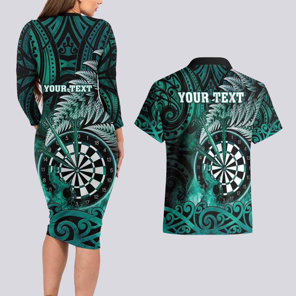 Personalised New Zealand Darts Couples Matching Long Sleeve Bodycon Dress and Hawaiian Shirt Maori Koru Dartboard Turquoise Flame