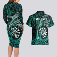 Personalised New Zealand Darts Couples Matching Long Sleeve Bodycon Dress and Hawaiian Shirt Maori Koru Dartboard Turquoise Flame