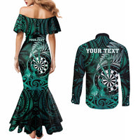 Personalised New Zealand Darts Couples Matching Mermaid Dress and Long Sleeve Button Shirt Maori Koru Dartboard Turquoise Flame