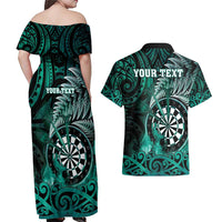 Personalised New Zealand Darts Couples Matching Off Shoulder Maxi Dress and Hawaiian Shirt Maori Koru Dartboard Turquoise Flame