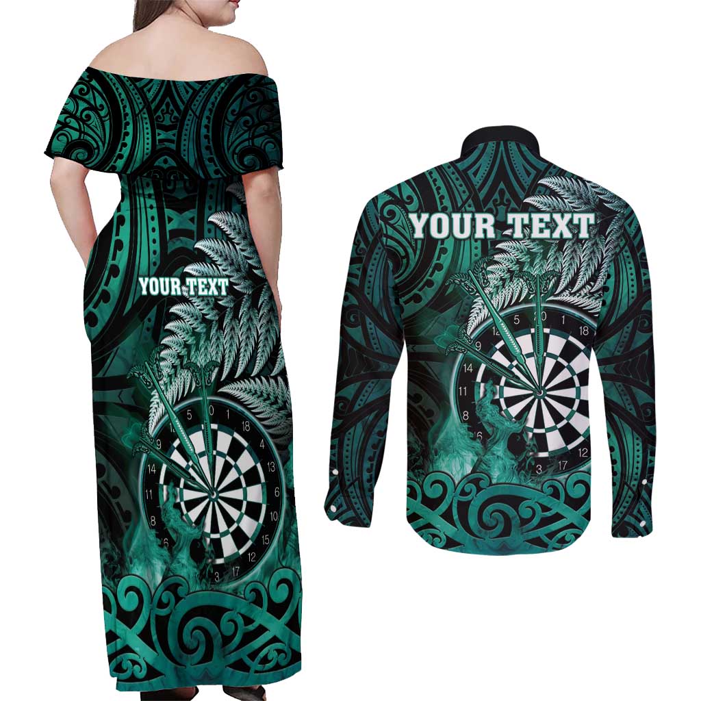 Personalised New Zealand Darts Couples Matching Off Shoulder Maxi Dress and Long Sleeve Button Shirt Maori Koru Dartboard Turquoise Flame