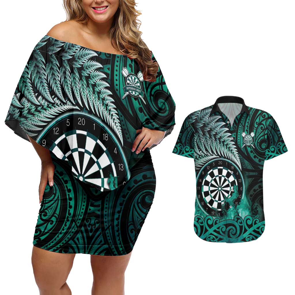 Personalised New Zealand Darts Couples Matching Off Shoulder Short Dress and Hawaiian Shirt Maori Koru Dartboard Turquoise Flame