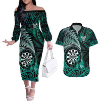 Personalised New Zealand Darts Couples Matching Off The Shoulder Long Sleeve Dress and Hawaiian Shirt Maori Koru Dartboard Turquoise Flame