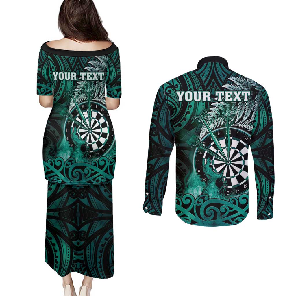 Personalised New Zealand Darts Couples Matching Puletasi and Long Sleeve Button Shirt Maori Koru Dartboard Turquoise Flame