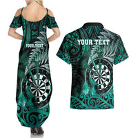 Personalised New Zealand Darts Couples Matching Summer Maxi Dress and Hawaiian Shirt Maori Koru Dartboard Turquoise Flame