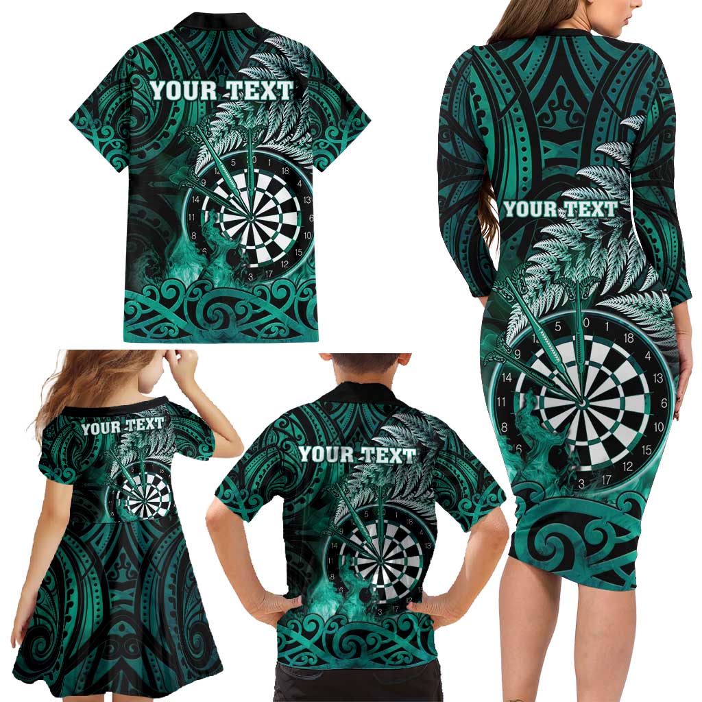 Personalised New Zealand Darts Family Matching Long Sleeve Bodycon Dress and Hawaiian Shirt Maori Koru Dartboard Turquoise Flame
