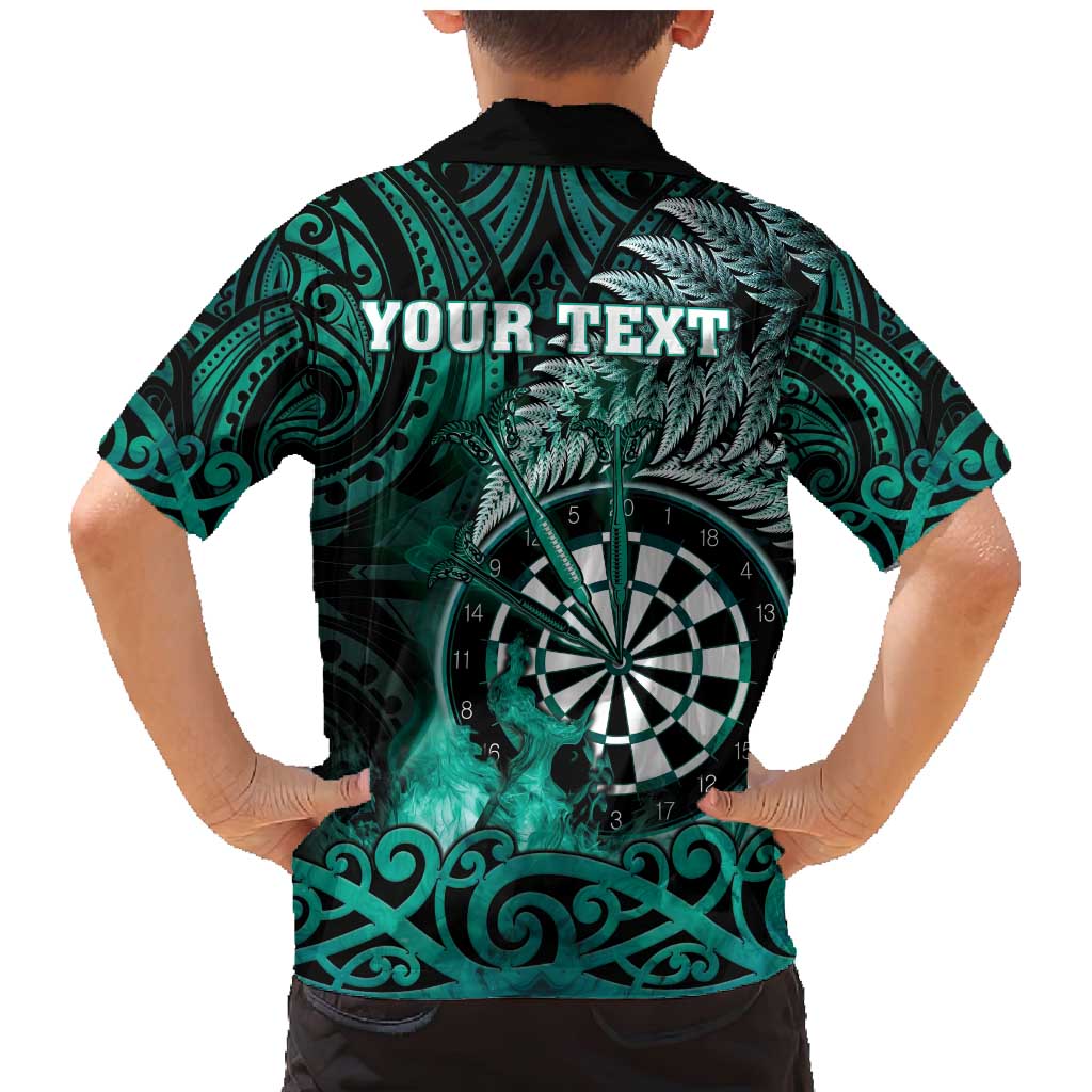 Personalised New Zealand Darts Family Matching Mermaid Dress and Hawaiian Shirt Maori Koru Dartboard Turquoise Flame